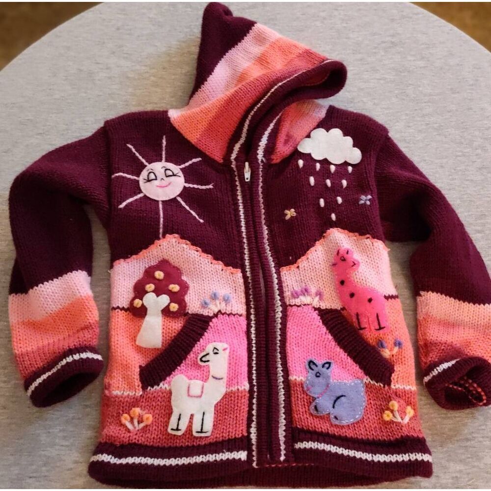 PERUVIAN HAND KNIT PATCHWORK HOODED ZIP UP PINK PURPLE SWEATER NEW